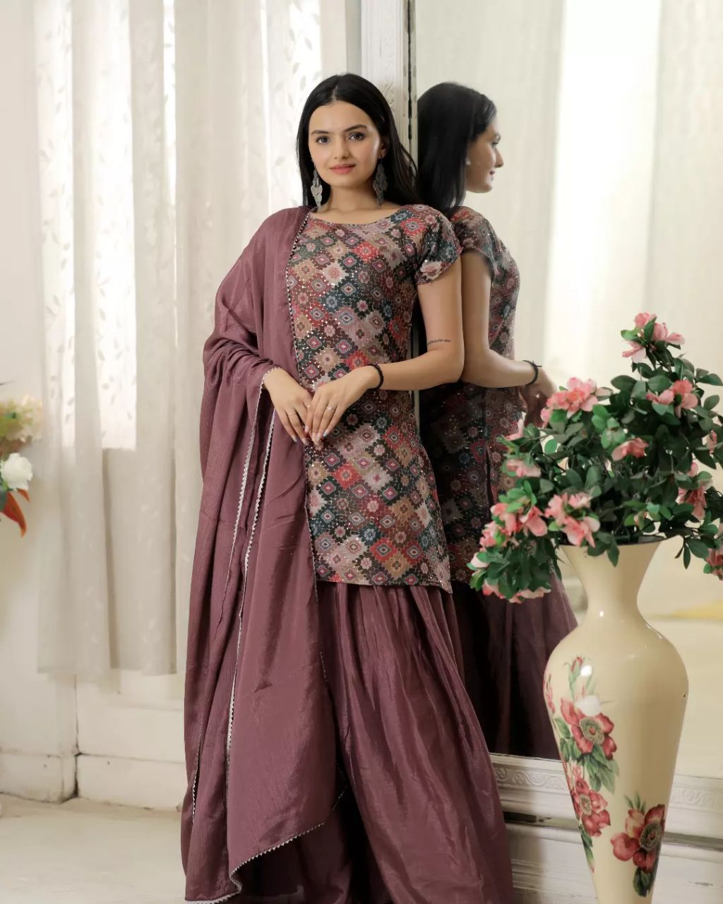 Wedding Wear Embroidered Work Dusty Pink Sharara Suit Main image