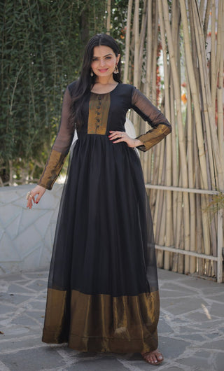 Attractive Chiffon Golden Zari Patta Black Color Gown