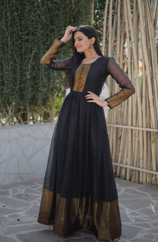 Attractive Chiffon Golden Zari Patta Black Color Gown