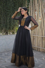 Load image into Gallery viewer, Attractive Chiffon Golden Zari Patta Black Color Gown