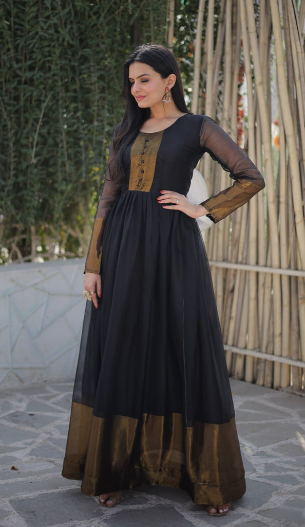 Attractive Chiffon Golden Zari Patta Black Color Gown