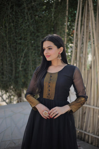 Attractive Chiffon Golden Zari Patta Black Color Gown