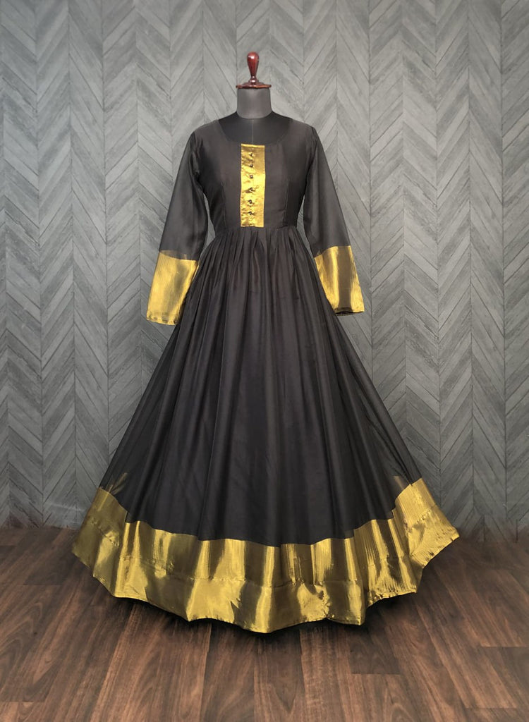 Attractive Chiffon Golden Zari Patta Black Color Gown