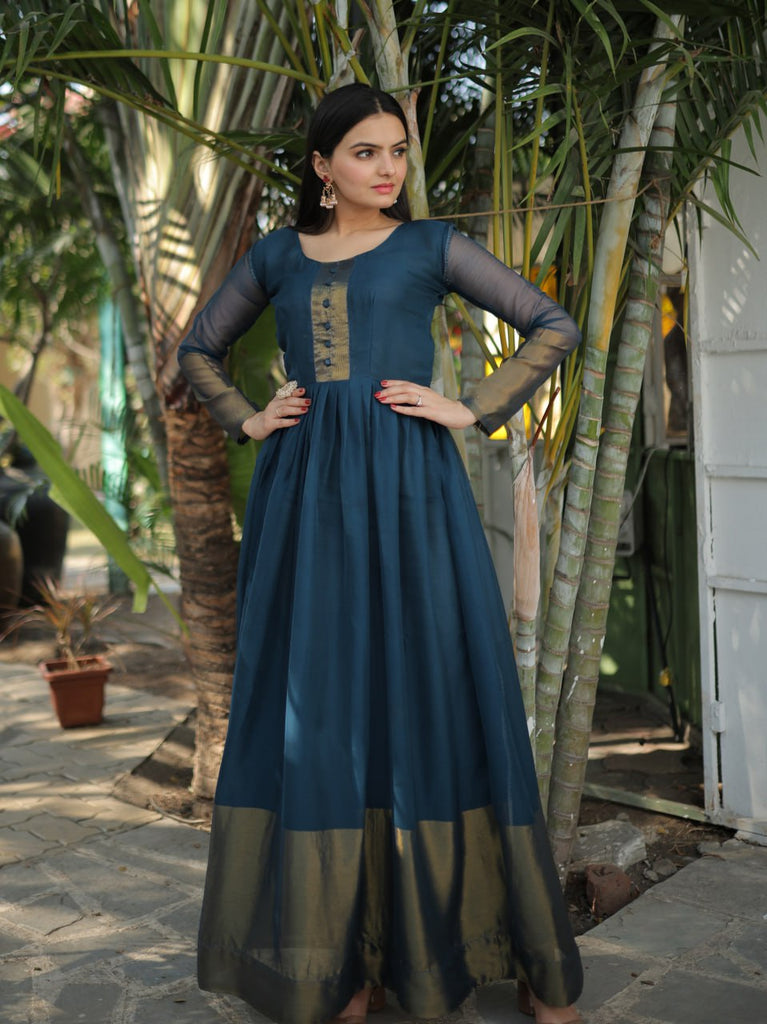Attractive Chiffon Golden Zari Patta Navy Blue Color Gown - Attractive Chiffon Golden Zari Patta Navy Blue Color Gown -