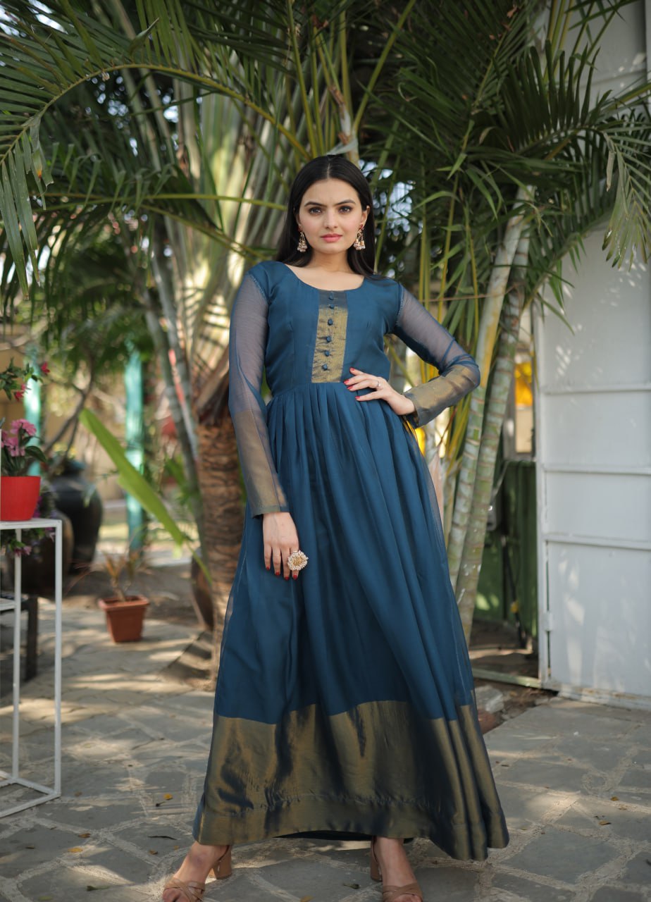 Attractive Chiffon Golden Zari Patta Navy Blue Color Gown