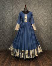 Load image into Gallery viewer, Attractive Chiffon Golden Zari Patta Navy Blue Color Gown