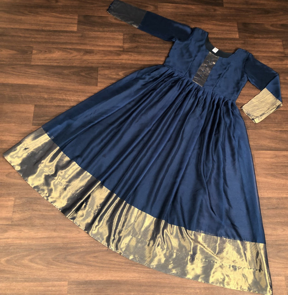 Attractive Chiffon Golden Zari Patta Navy Blue Color Gown