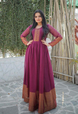 Attractive Chiffon Golden Zari Patta Wine Color Gown