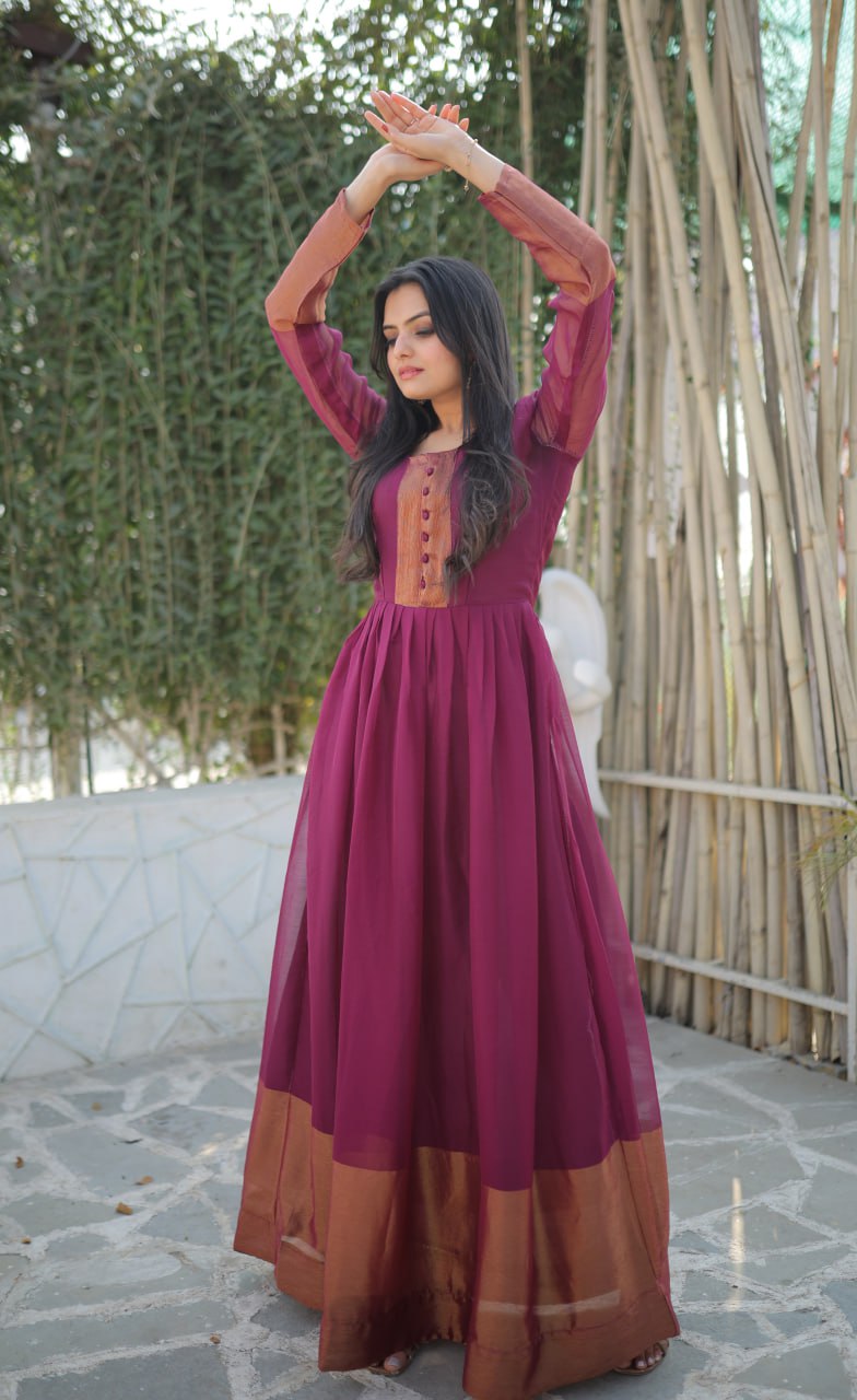Attractive Chiffon Golden Zari Patta Wine Color Gown