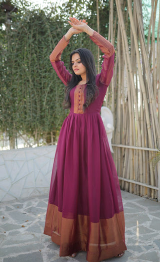Attractive Chiffon Golden Zari Patta Wine Color Gown