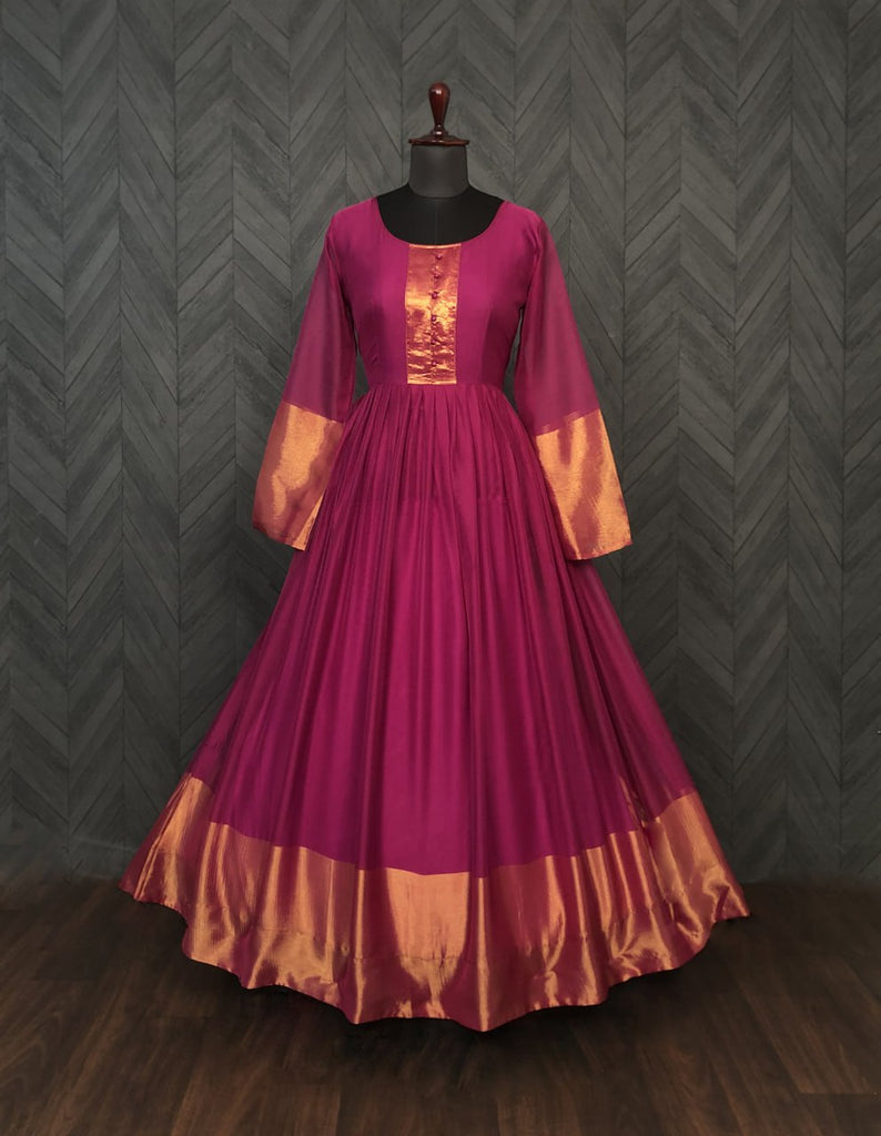 Attractive Chiffon Golden Zari Patta Wine Color Gown