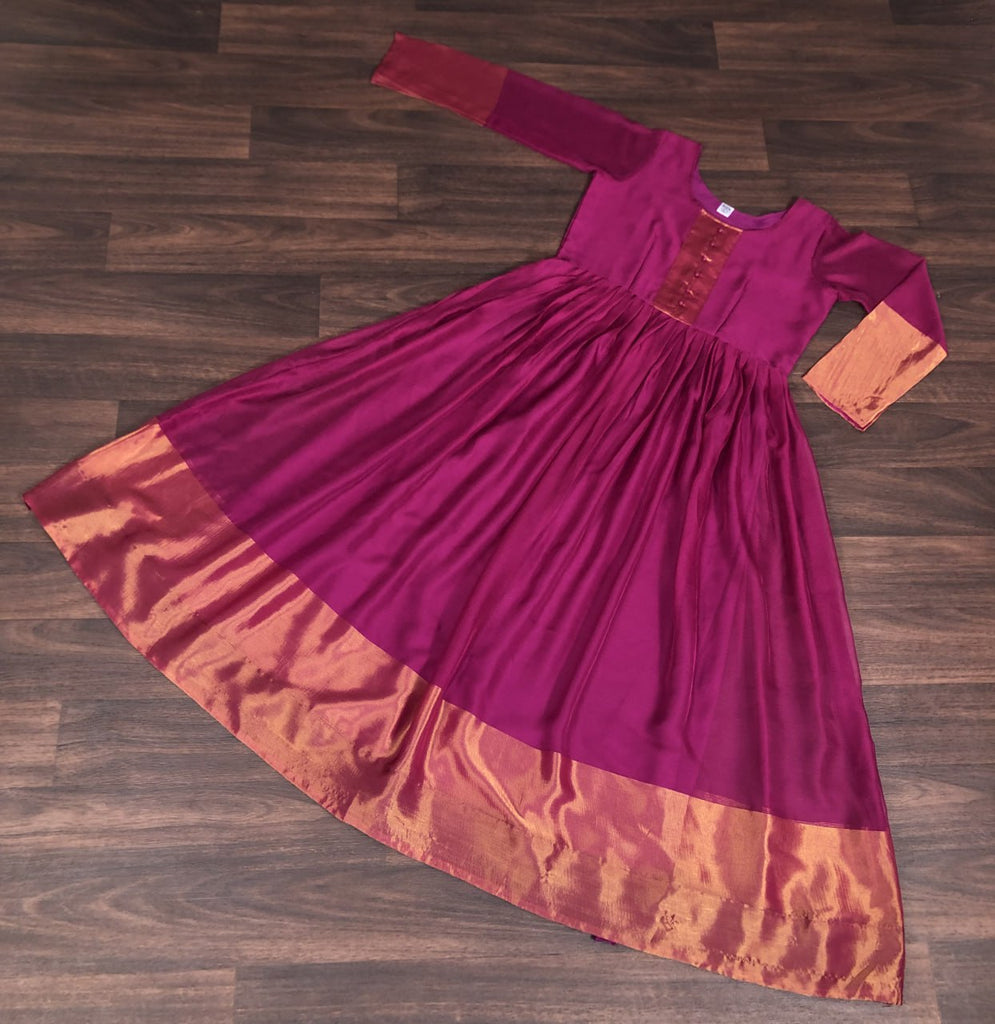 Attractive Chiffon Golden Zari Patta Wine Color Gown