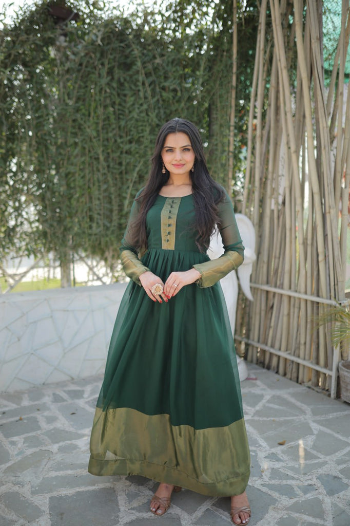 Attractive Chiffon Golden Zari Patta Green Color Gown