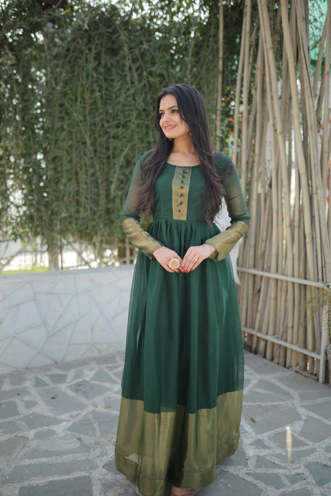 Attractive Chiffon Golden Zari Patta Green Color Gown Main image