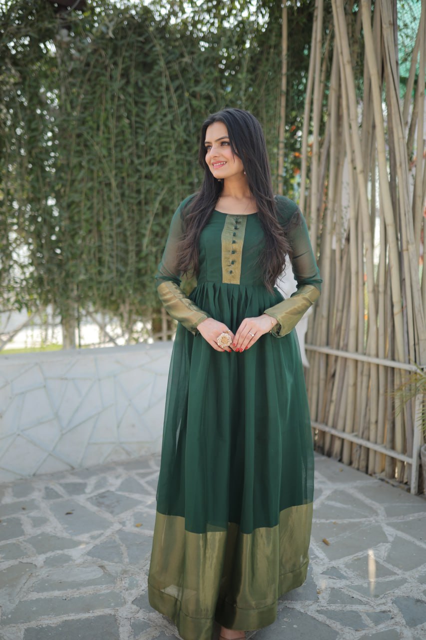 Attractive Chiffon Golden Zari Patta Green Color Gown Main image