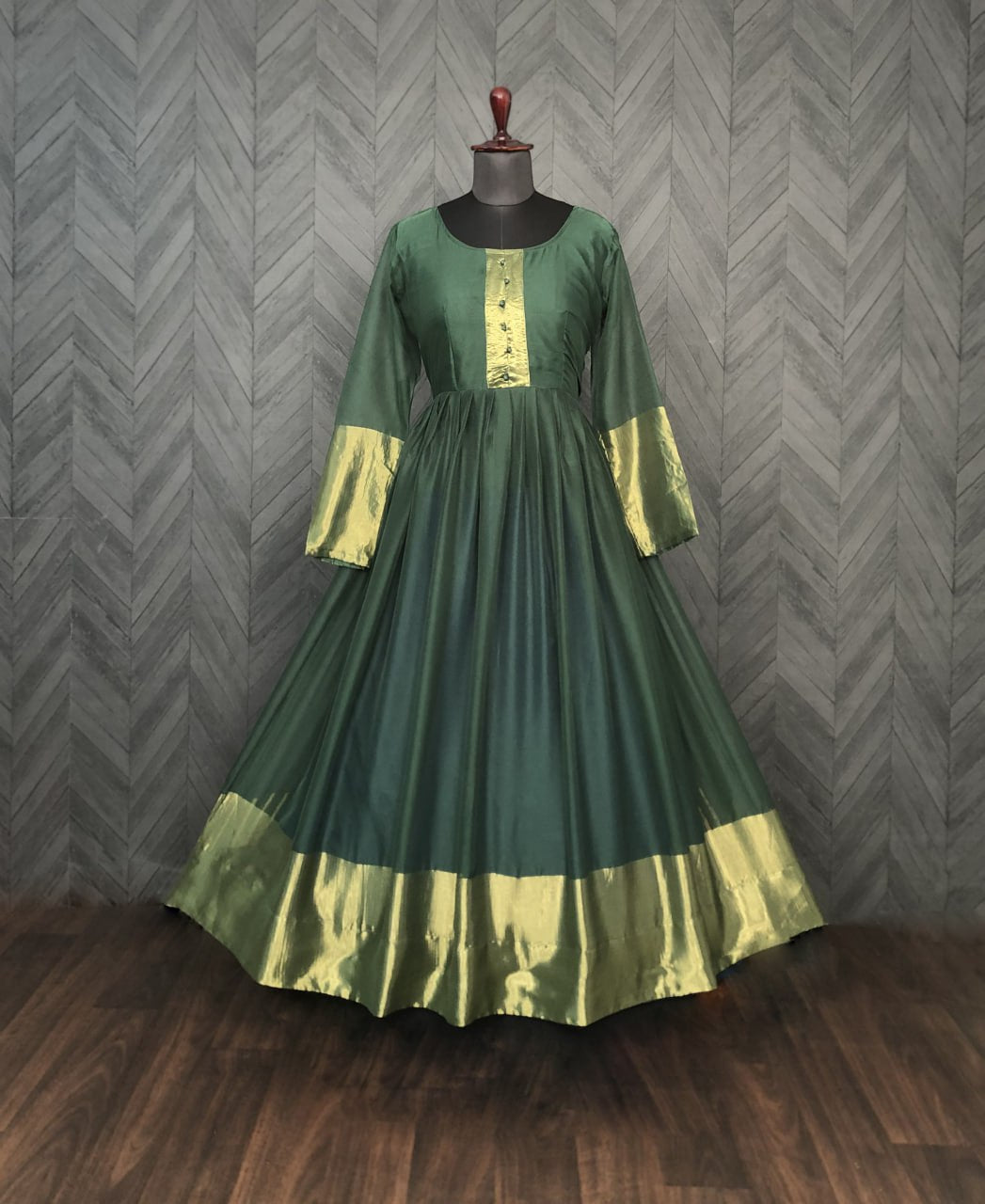 Attractive Chiffon Golden Zari Patta Green Color Gown