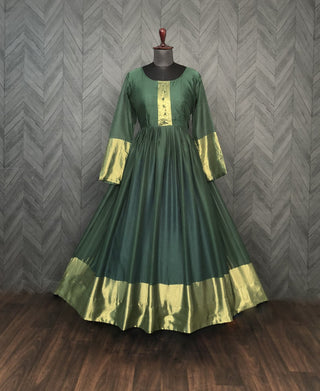 Attractive Chiffon Golden Zari Patta Green Color Gown