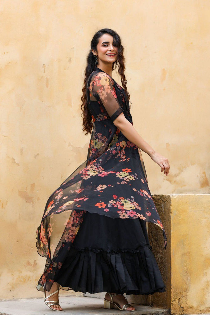 black dress with shrug Digital Print Organza Shrug With Black Gown black dress with shrug Digital Print Organza Shrug With Black Gown