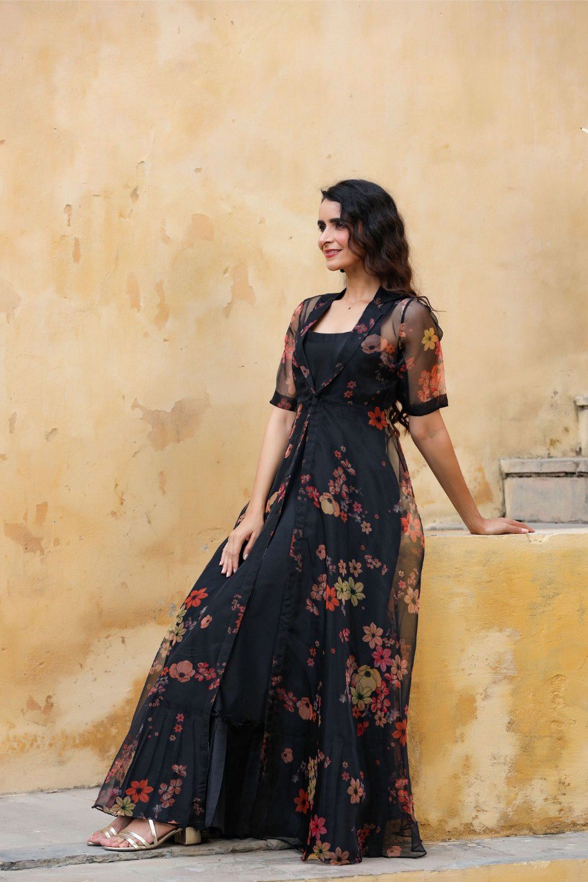 Digital Print Organza Shrug With Black Gown Clothsvilla