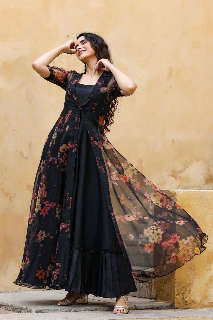 black organza party wear printed long gown 9001 | Printed long gowns,  Printed gowns, Party wear gown