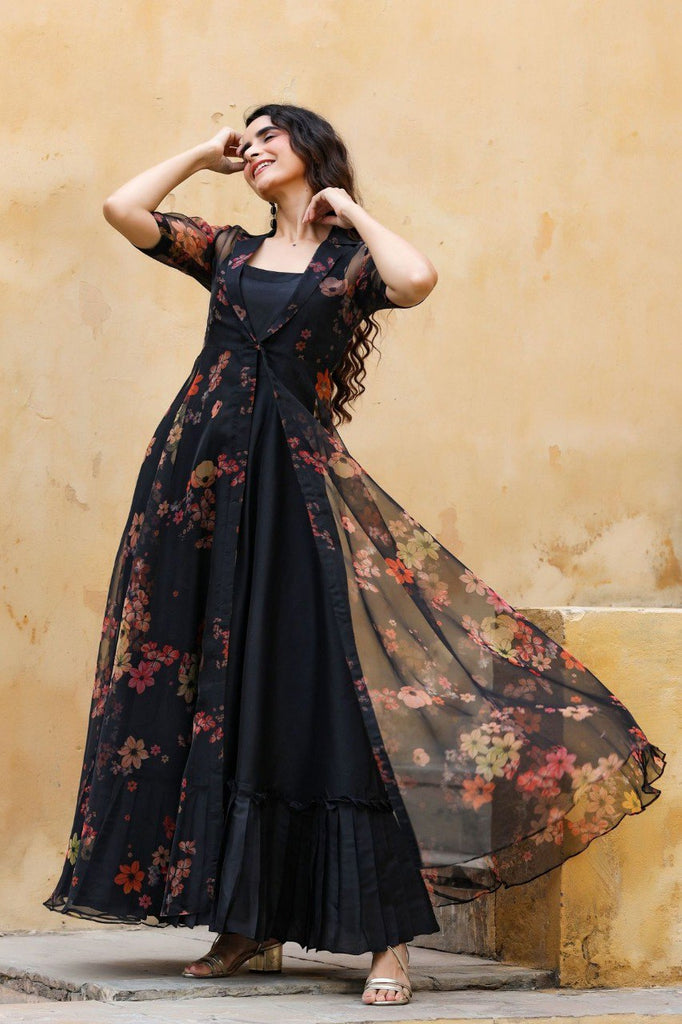 Digital Print Organza Shrug With Black Gown - Clothsvilla Digital Print Organza Shrug With Black Gown - Clothsvilla