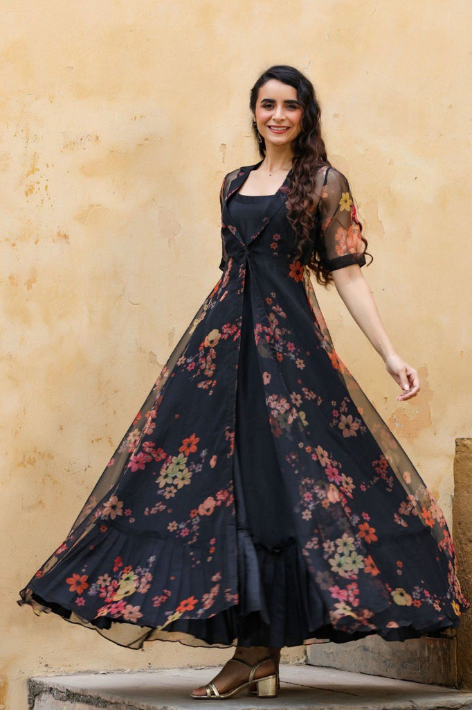 Digital Print Organza Shrug With Black Gown - Clothsvilla Digital Print Organza Shrug With Black Gown - Clothsvilla