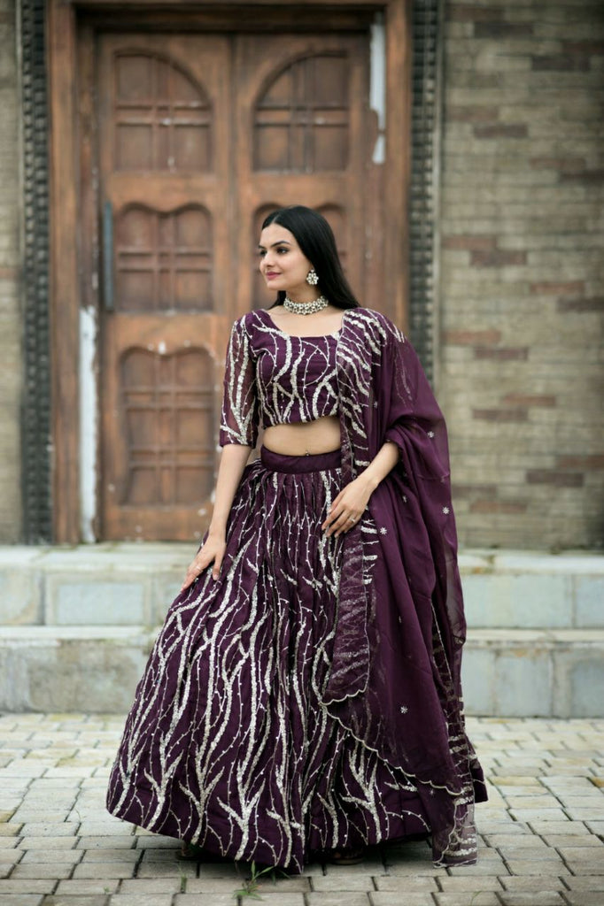 Designer Wine Color Bridal Velvet Lehenga Choli With Dupatta | Ethnicroop