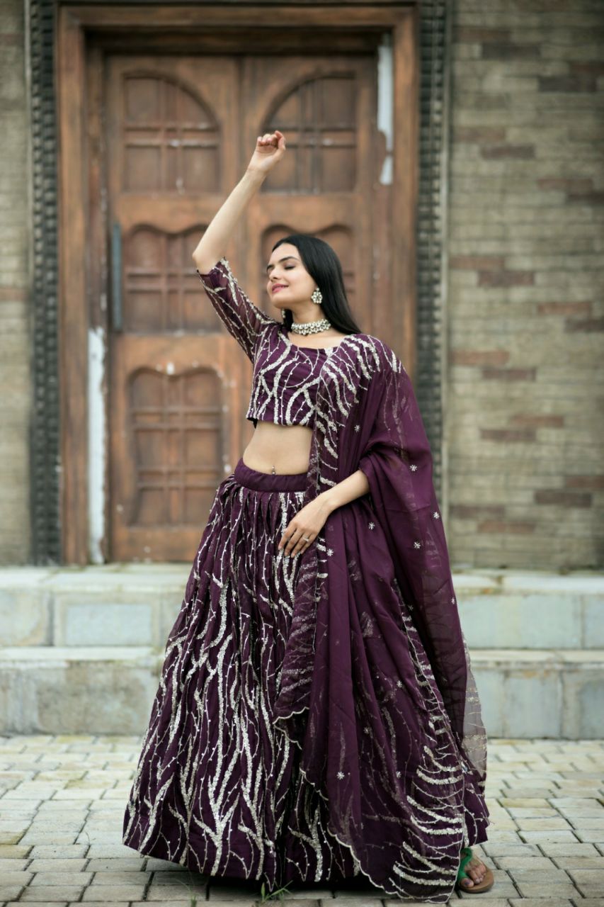 Marriage special Sequence Work Wine Color Lehenga Choli