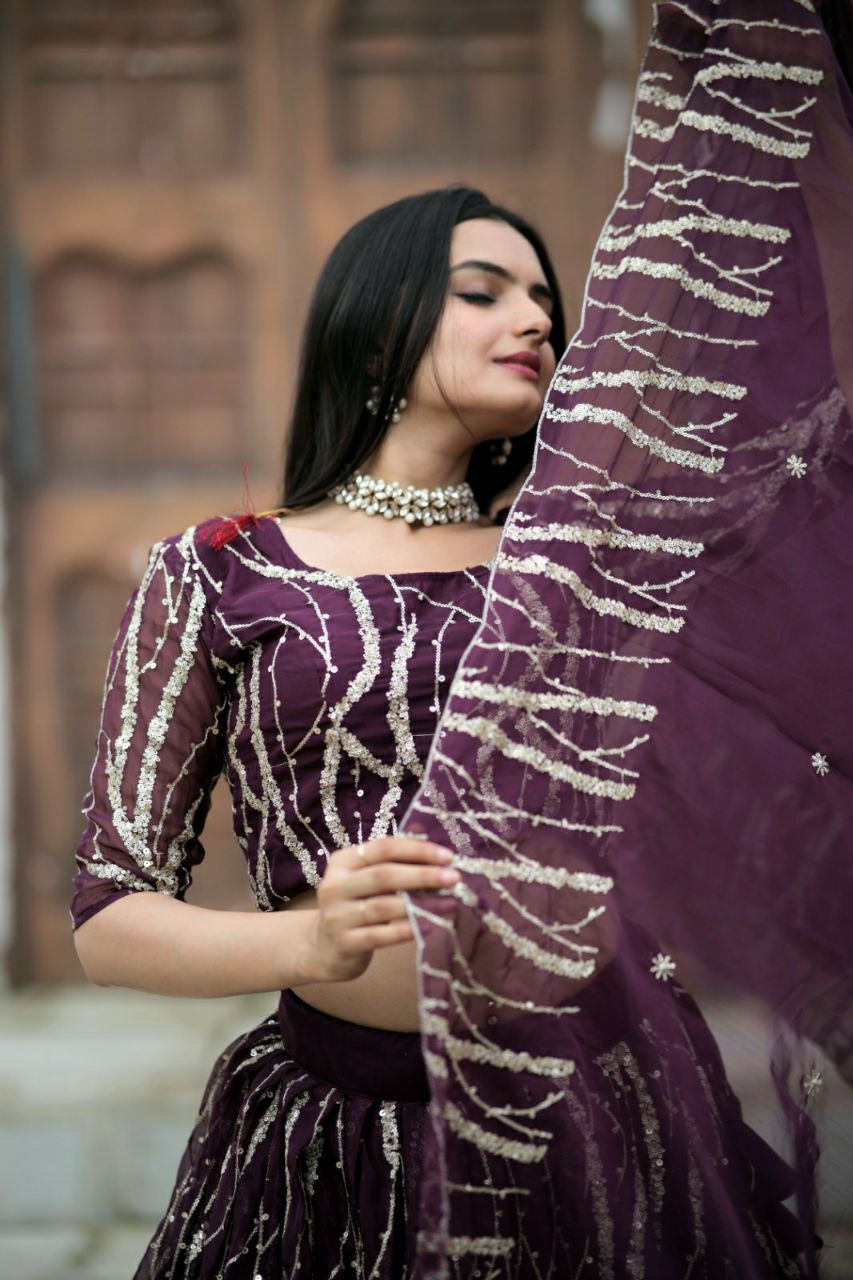 Marriage special Sequence Work Wine Color Lehenga Choli