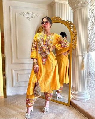 Glamourous Embroidery Work Mustard Color Gown With Pant