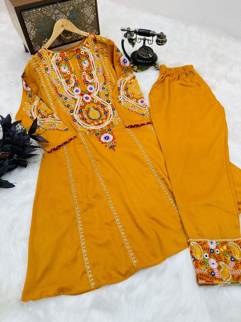 Glamourous Embroidery Work Mustard Color Gown With Pant