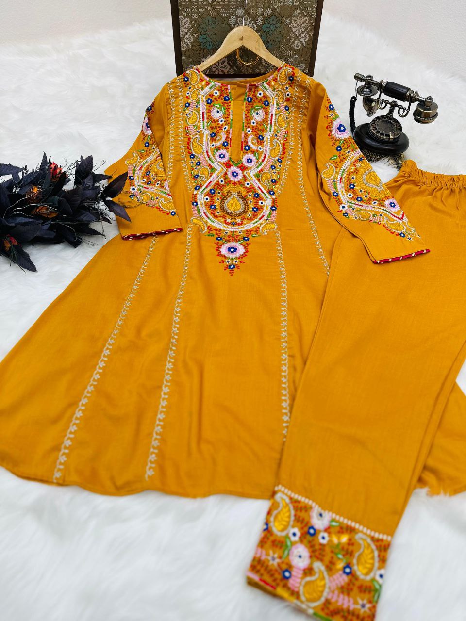 Glamourous Embroidery Work Mustard Color Gown With Pant