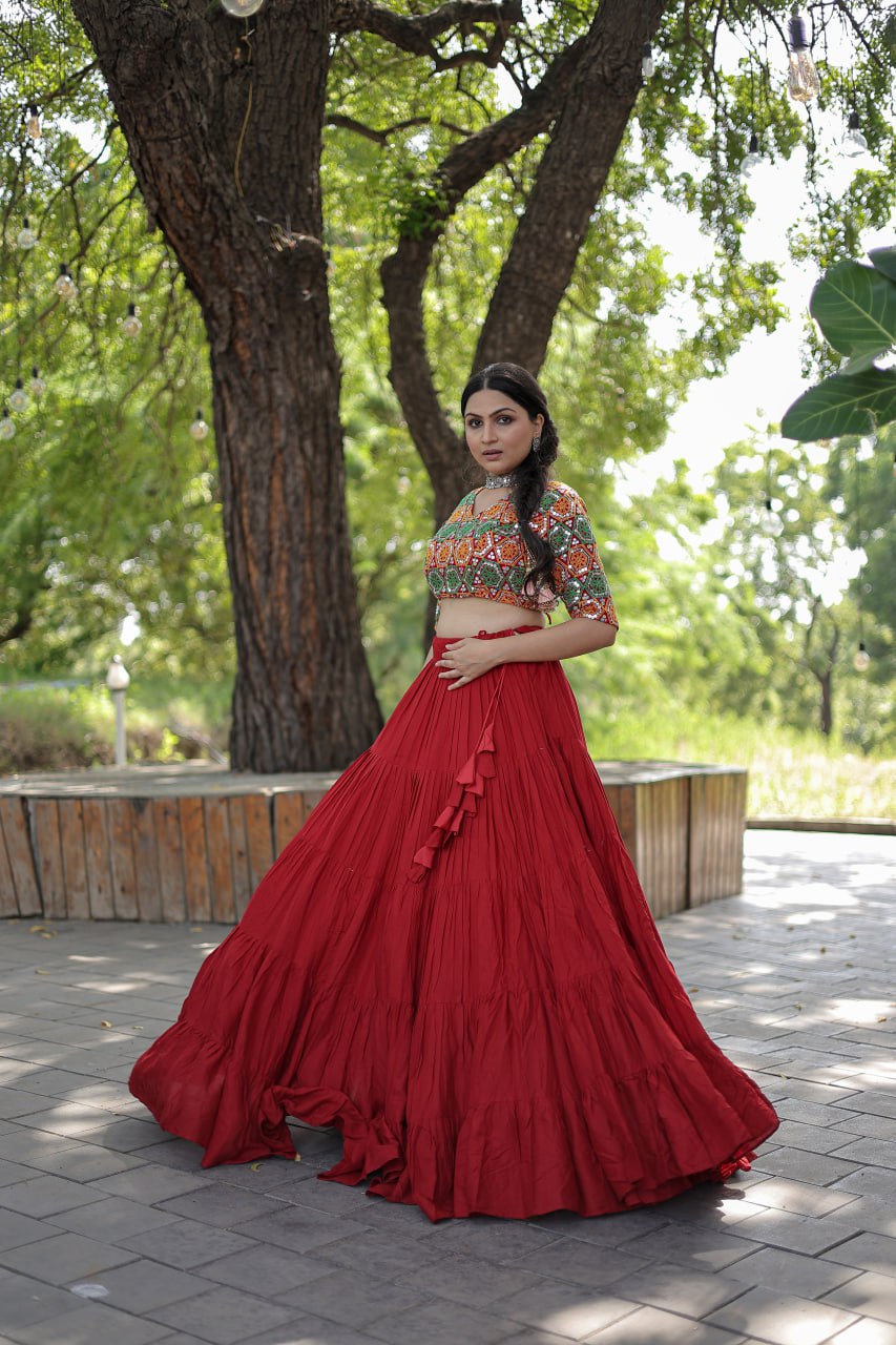 Beautiful Work Blouse With Red Ruffle Style Lehenga Clothsvilla