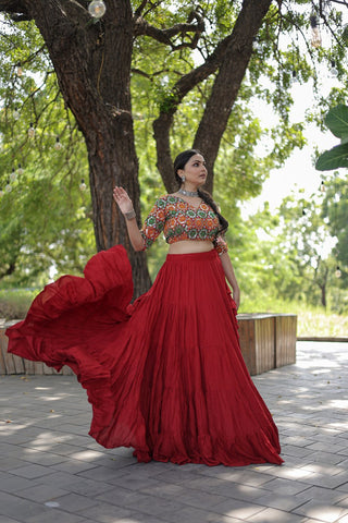 Beautiful Work Blouse With Red Ruffle Style Lehenga Clothsvilla