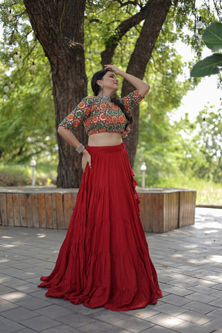 Beautiful Work Blouse With Red Ruffle Style Lehenga Clothsvilla