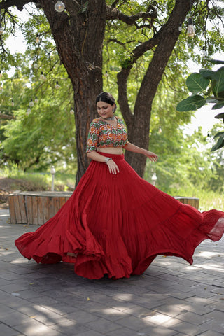 Beautiful Work Blouse With Red Ruffle Style Lehenga Clothsvilla