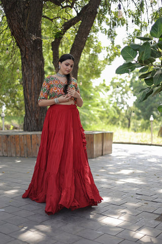 Beautiful Work Blouse With Red Ruffle Style Lehenga Clothsvilla