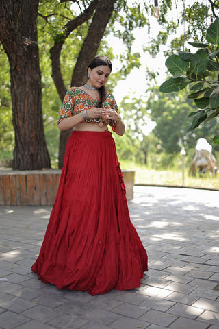 Beautiful Work Blouse With Red Ruffle Style Lehenga Clothsvilla
