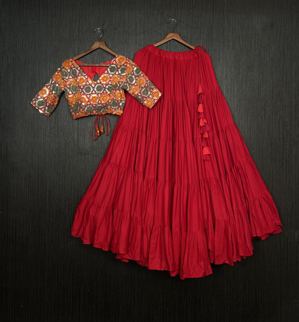 Beautiful Work Blouse With Red Ruffle Style Lehenga Clothsvilla