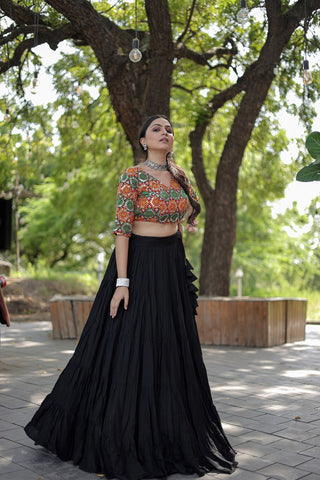 Beautiful Work Blouse With Black Ruffle Style Lehenga Clothsvilla