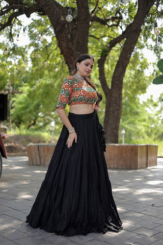 Beautiful Work Blouse With Black Ruffle Style Lehenga Clothsvilla