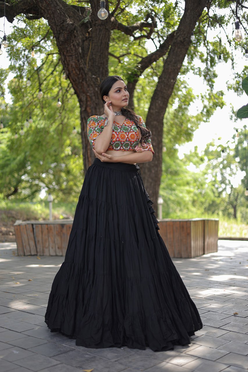 Beautiful Work Blouse With Black Ruffle Style Lehenga Clothsvilla