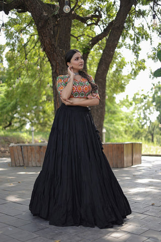 Beautiful Work Blouse With Black Ruffle Style Lehenga Clothsvilla
