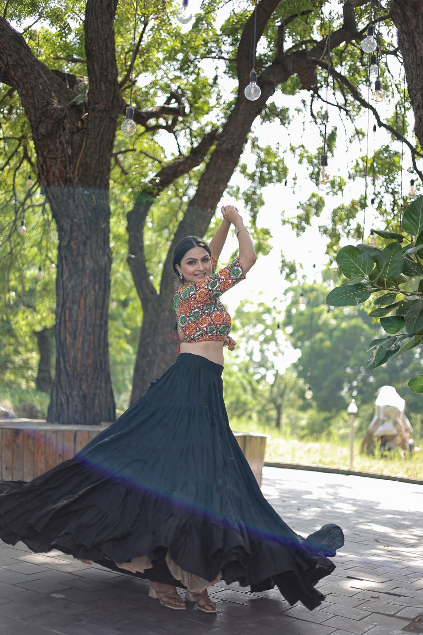Beautiful Work Blouse With Black Ruffle Style Lehenga Clothsvilla