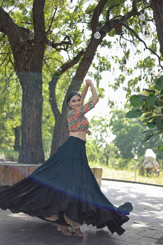 Beautiful Work Blouse With Black Ruffle Style Lehenga Clothsvilla