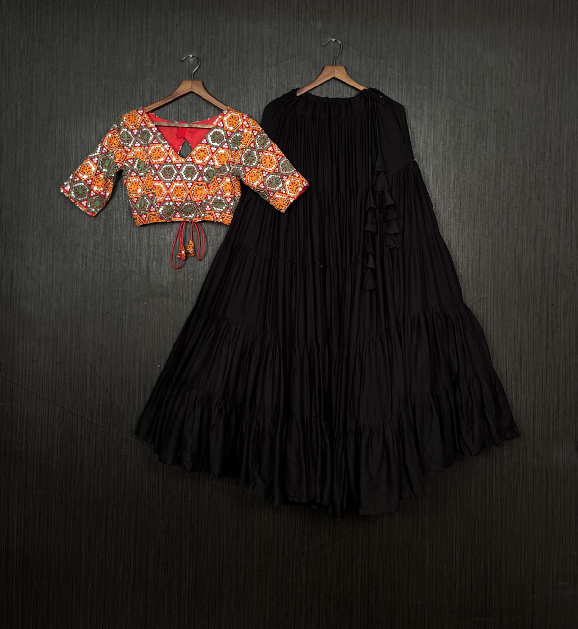 Beautiful Work Blouse With Black Ruffle Style Lehenga Clothsvilla