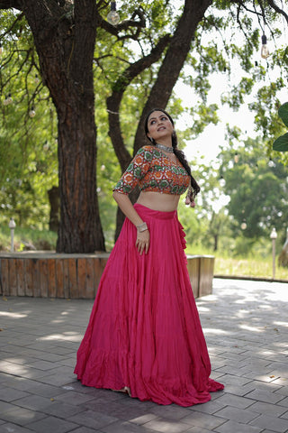 Beautiful Work Blouse With Pink Ruffle Style Lehenga Clothsvilla