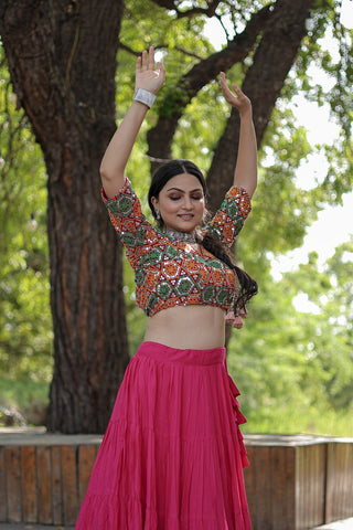 Beautiful Work Blouse With Pink Ruffle Style Lehenga Clothsvilla
