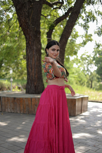 Beautiful Work Blouse With Pink Ruffle Style Lehenga Clothsvilla