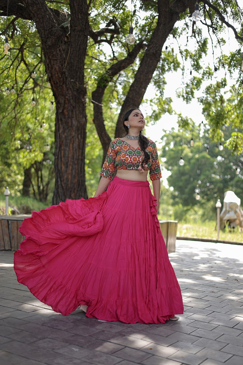 Beautiful Work Blouse With Pink Ruffle Style Lehenga Clothsvilla